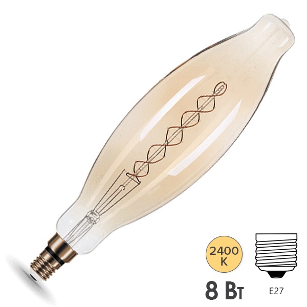 Лампа филаментная светодиодная Gauss BT120 8W 2400K E27 620Lm золотой спираль