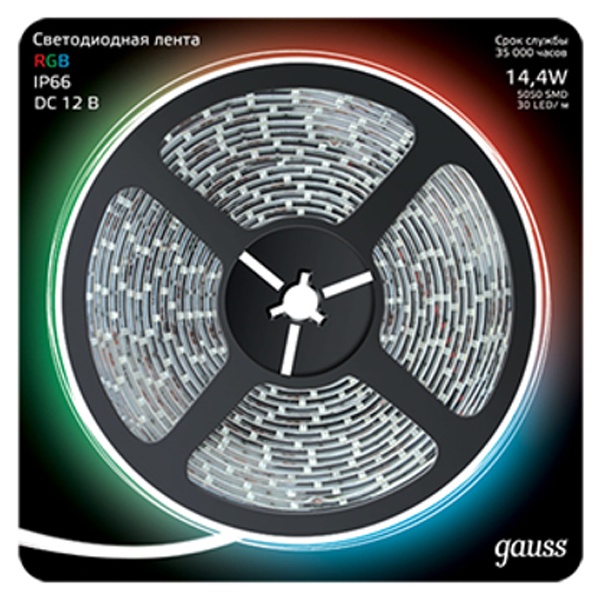 Лента светодиодная Gauss 5050/60-SMD 14.4W/m 12V DC RGB IP66 (упаковка 5м)