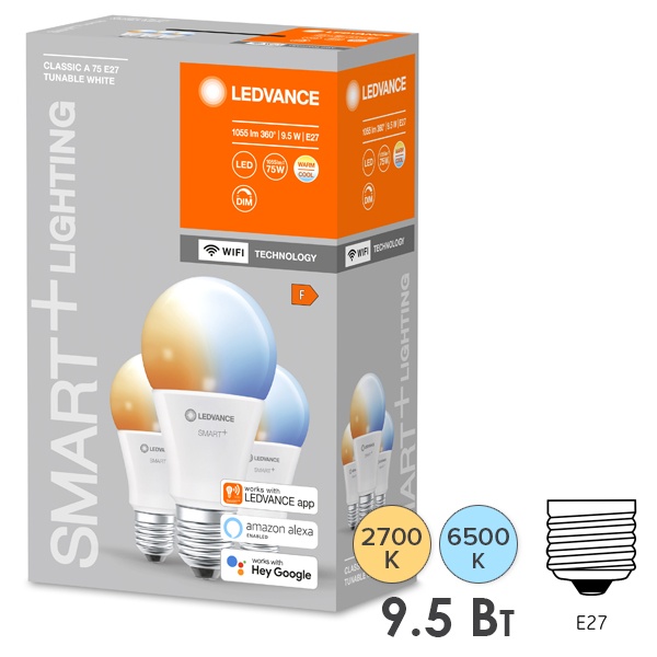 Светодиодная лампа Ledvance Smart+WiFi Classic Tunable White 9.5W (75W) 2700-6500K E27 упаковка 3шт