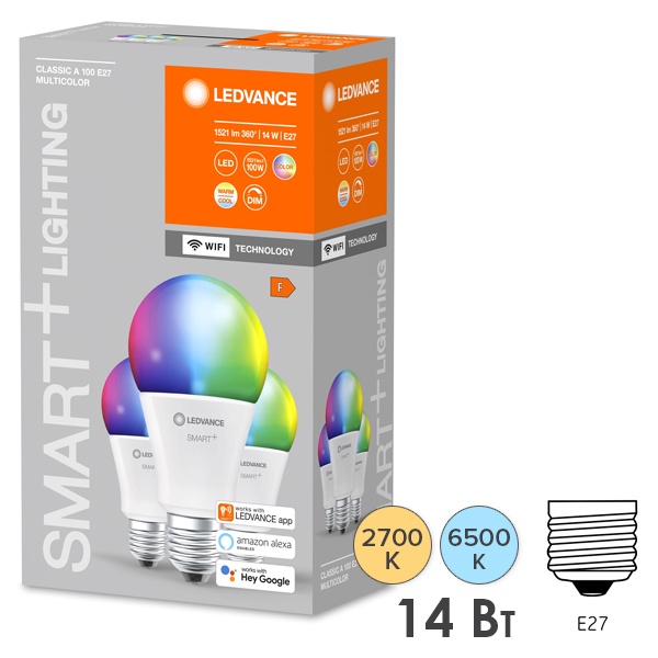 Светодиодная лампа Ledvance Smart+ WiFi Classic RGBW 14W (замена 100W) 2700…6500K E27 упаковка 3шт.
