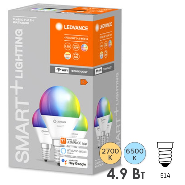 Светодиодная лампа Ledvance Smart+ WiFi Mini Bulb RGBW 5W (замена 40W) 2700…6500K E14 упаковка 3шт.
