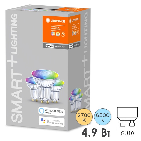 Светодиодная лампа Ledvance Smart+ WiFi Spot RGBW 5W ( 32W) 2700…6500K 45град. GU10 упаковка 3шт.