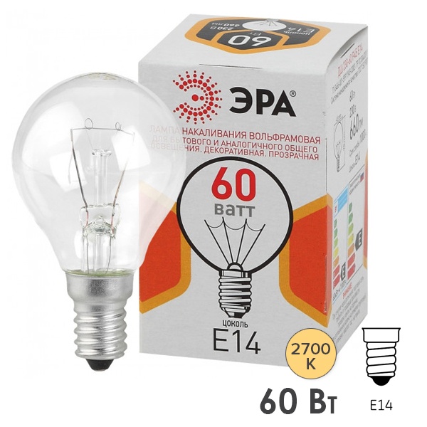Лампа накаливания шарик ЭРА ДШ P45 60W 230V E14 (5056183786731)
