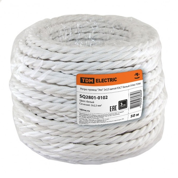 Ретро провод TDM Эко 2х2,5 витой ГОСТ белый (50м)