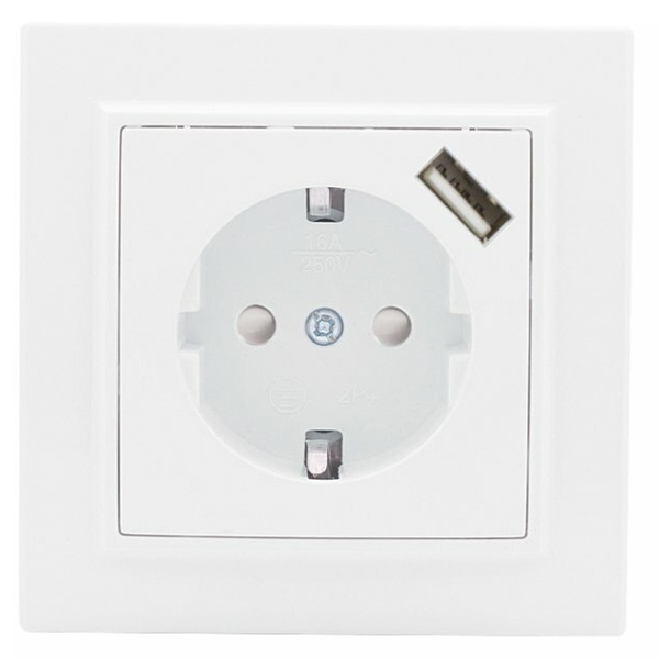 Розетка 1-местная с заземлением со шторками EKF Basic 16А с USB 1А IP20 Минск белый