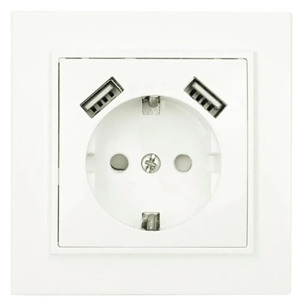 Розетка 1-местная с заземлением со шторками EKF Basic 16А с 2 USB 2,1А IP20 Минск белый