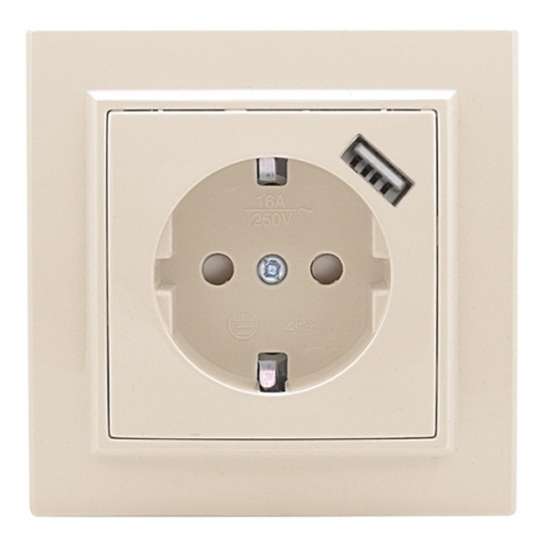 Розетка 1-местная с заземлением со шторками EKF Basic 16А с USB 1А IP20 Минск бежевый