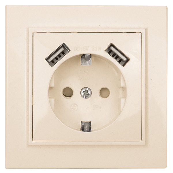 Розетка 1-местная с заземлением со шторками EKF Basic 16А с 2 USB 2.1А IP20 Минск бежевый