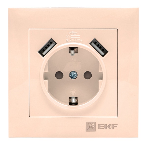 Розетка 1-местная с заземлением со шторками EKF PROxima 16А с 2 USB 2,1А IP20 Валенсия кремовый
