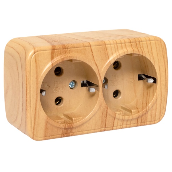 Накладная розетка EKF Минск 2-местная с заземлением 16А IP20 светлое дерево