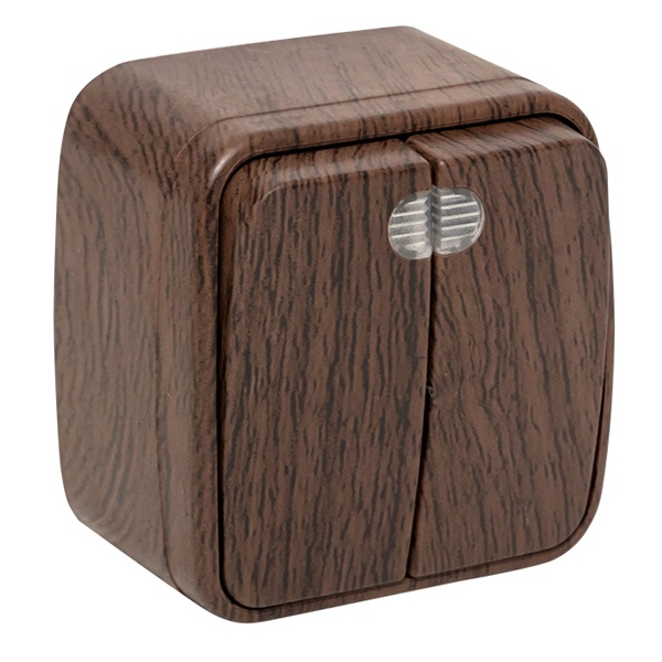 Накладной выключатель 2-клавишный EKF Минск с индикатором 10А IP20 тёмное дерево