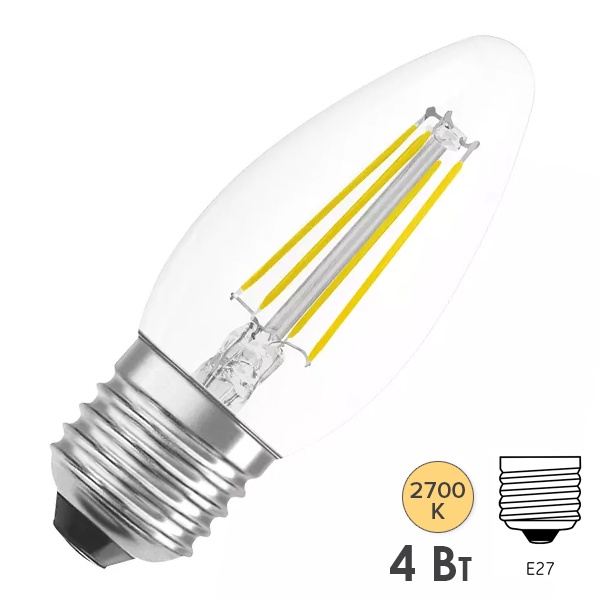 Лампа филаментная свеча Osram Parathom CL B40 4W/827 2700K 220V E27 прозрачная