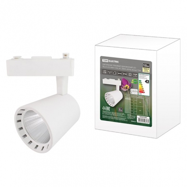 Светильник трековый TDM однофазный LED TRL-01-015-WW 15W 24гр 3000K 1350Lm 230V 80Ra белый IP40