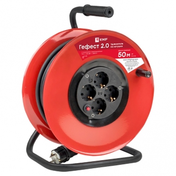 Удлинитель EKF Гефест 2.0, пластиковая катушка 4 гнезда с/з 50м предохранитель КГ3*1,5 16А/3,5кВт