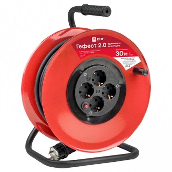 Удлинитель EKF Гефест 2.0, пластиковая катушка 4 гнезда с/з 30м предохранитель КГ3*2,5 16А/3,5кВт