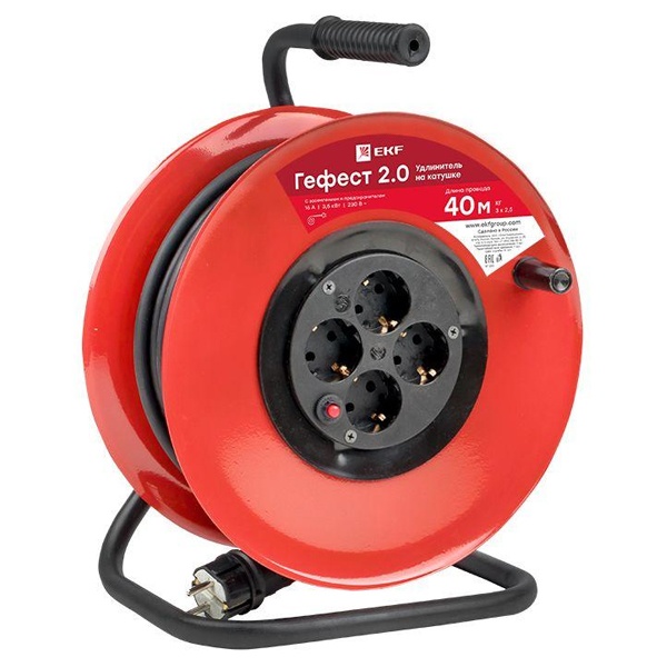 Удлинитель EKF Гефест 2.0, пластиковая катушка 4 гнезда с/з 40м предохранитель КГ3*2,5 16А/3,5кВт