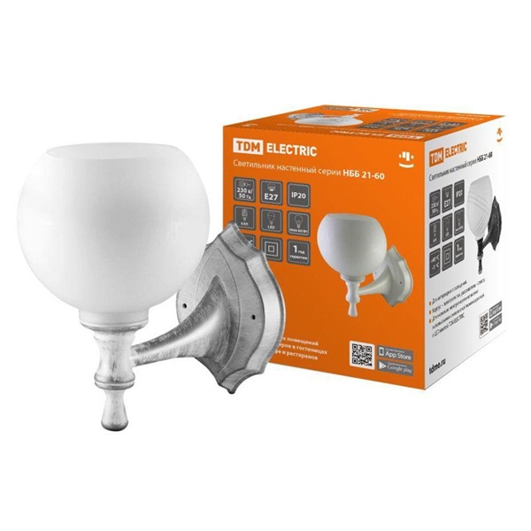 Светильник TDM Бра НББ 21-60-1323 УХЛ4 max60W Е27 230V белый под серебро, плафон полушар белый IP20