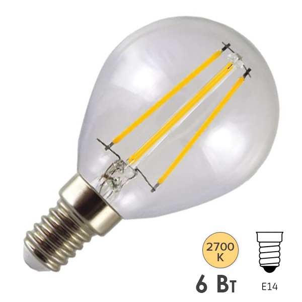 Лампа филаментная светодиодная шарик TDM G45 6W 2700K 220V E14 прозрачная