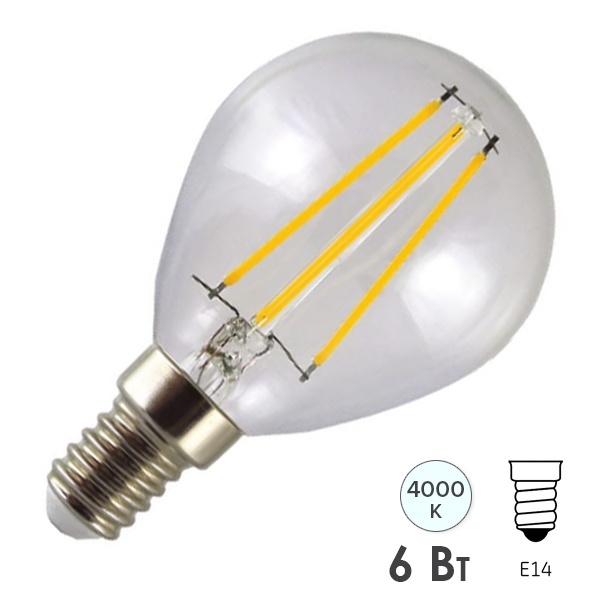 Лампа филаментная светодиодная шарик TDM G45 6W 4000K 220V E14 прозрачная