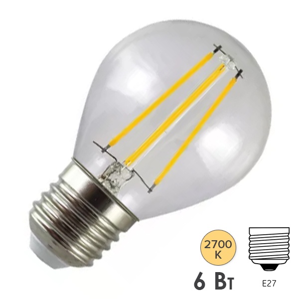 Лампа филаментная светодиодная шарик TDM G45 6W 2700K 220V E27 прозрачная