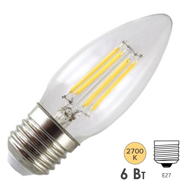Лампа филаментная светодиодная свеча TDM С37 6W 2700K 220V E27 прозрачная