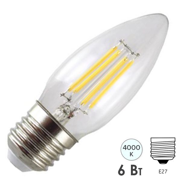 Лампа филаментная светодиодная свеча TDM С37 6W 4000K 220V E27 прозрачная
