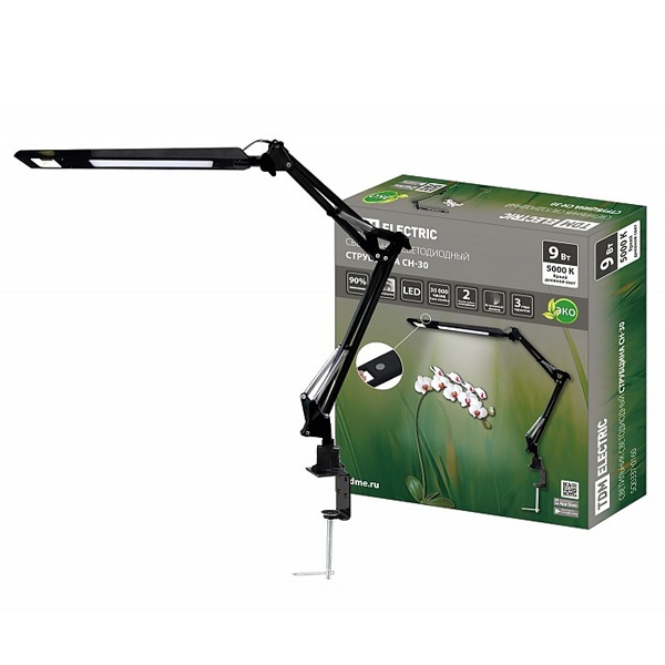 Светильник светодиодный настольный TDM СН-30 диммер 9W 5000K 220V черный струбцина 2 колена