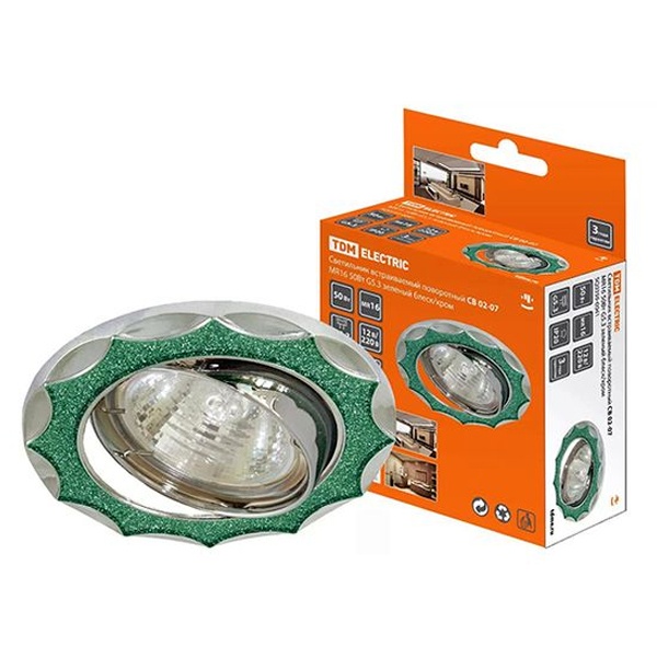 Светильник встраиваемый TDM поворотный СВ 02-07 MR16 50W 230V G5.3 зелёный блеск/хром d74mm IP20