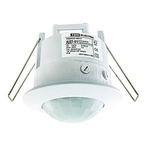 Датчик движения точечный TDM ДДТ-01 1200Вт, 10-420с, 6м, 3+Лк, 120(сбоку)+360(сверху)гр IP20