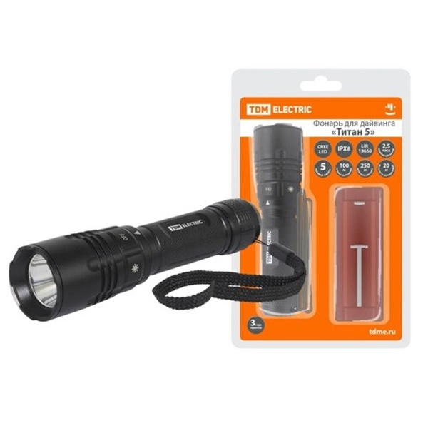 Фонарь TDM Титан 5 для дайвинга, 10 Вт CREE 800Lm 1х18650 3.7В 2600mAh IPX8 до 100м