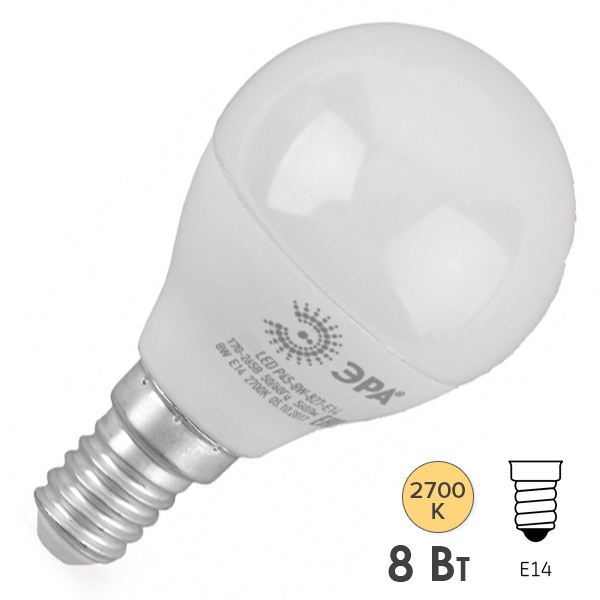 Лампа светодиодная шарик ЭРА RED LINE LED P45 8W/827 2700K E14 теплый свет