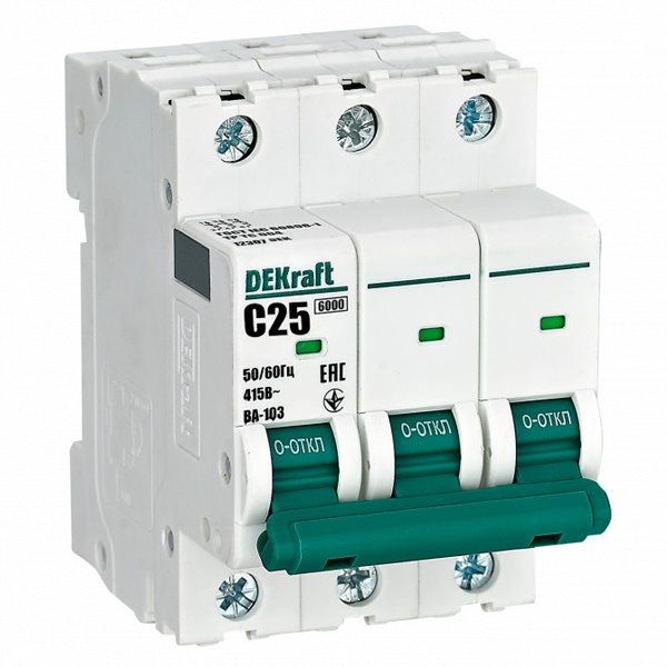 Автоматический выключатель DEKraft ВА-103 25A C 3P 6кА (автомат электрический)