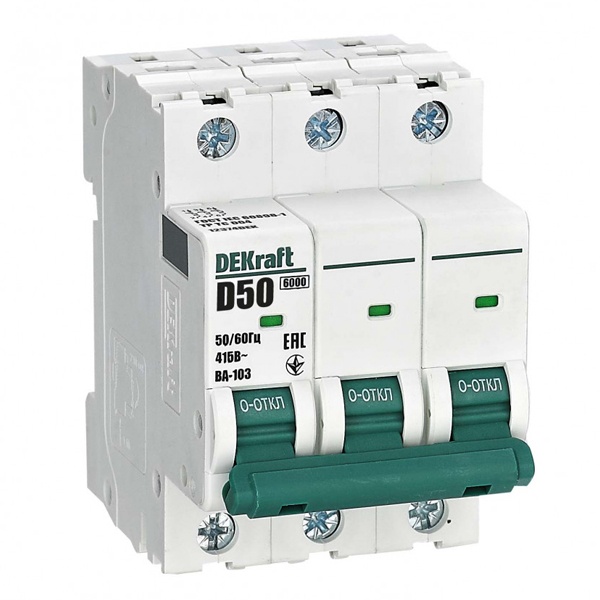 Автоматический выключатель DEKraft ВА-103 50A D 3P 6кА (автомат электрический)