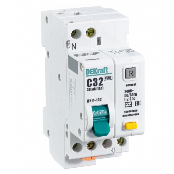 Дифференциальный автомат DEKraft ДИФ-102 электронный C32А 30мА тип АС 1P+N 4,5кА (дифавтомат, АВДТ)