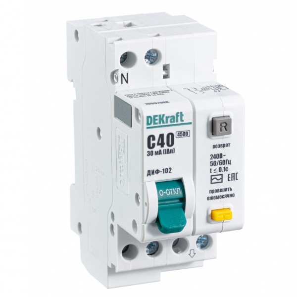 Дифференциальный автомат DEKraft ДИФ-102 электронный C40А 30мА тип АС 1P+N 4,5кА (дифавтомат, АВДТ)
