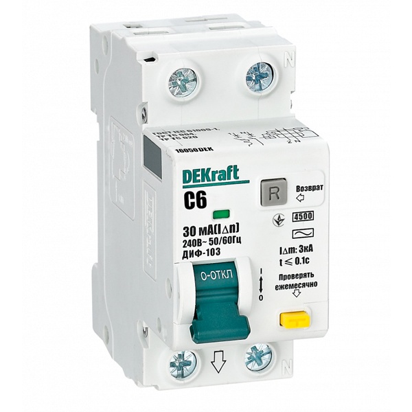 Дифференциальный автомат DEKraft ДИФ-103 электронный C6А 30мА тип АС 1P+N 4,5кА (дифавтомат, АВДТ)