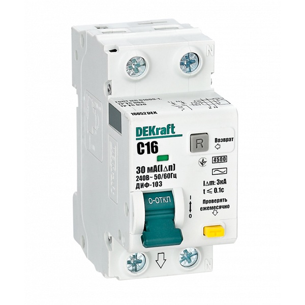 Дифференциальный автомат DEKraft ДИФ-103 электронный C16А 30мА тип АС 1P+N 4,5кА (дифавтомат, АВДТ)