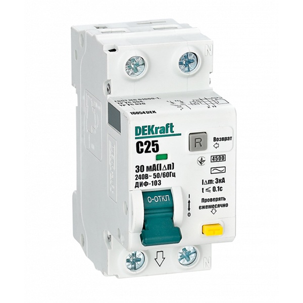 Дифференциальный автомат DEKraft ДИФ-103 электронный C25А 30мА тип АС 1P+N 4,5кА (дифавтомат, АВДТ)