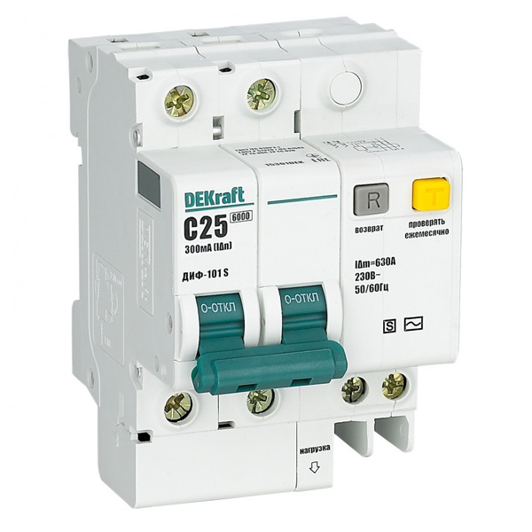 Дифференциальный автомат DEKraft ДИФ-101S селективный электронный C25А 300мА тип АС 2P 6кА (дифавтомат, АВДТ)