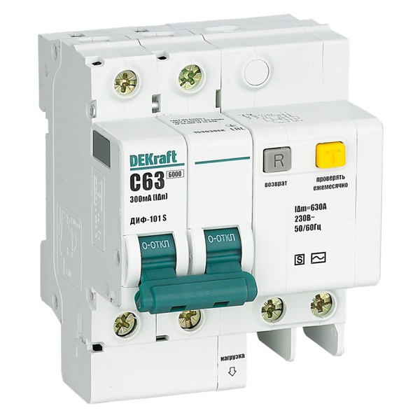 Дифференциальный автомат DEKraft ДИФ-101S селективный электронный C63А 300мА тип АС 2P 6кА (дифавтомат, АВДТ)
