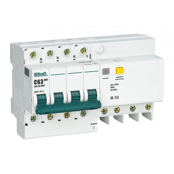 Дифференциальный автомат DEKraft ДИФ-101S селективный электронный C63А 100мА тип АС 4P 6кА (дифавтомат, АВДТ)
