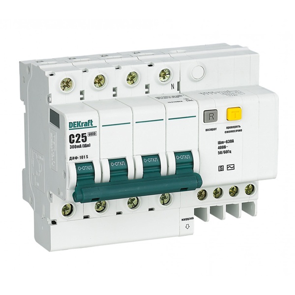 Дифференциальный автомат DEKraft ДИФ-101S селективный электронный C25А 300мА тип АС 4P 6кА (дифавтомат, АВДТ)