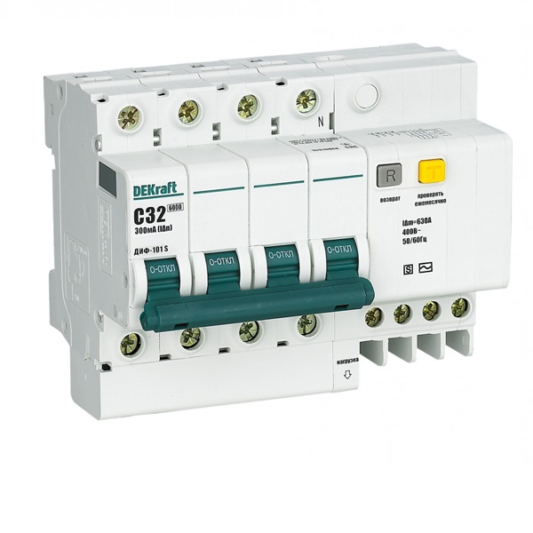 Дифференциальный автомат DEKraft ДИФ-101S селективный электронный C32А 300мА тип АС 4P 6кА (дифавтомат, АВДТ)