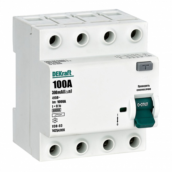 Дифференциальный выключатель DEKraft УЗО-03 4P 100А 300мА тип AC 6кА