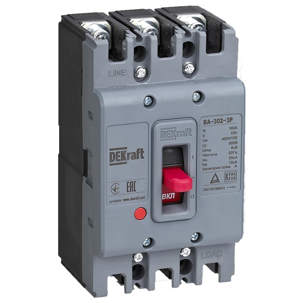 Автоматический выключатель DEKraft ВА-302 силовой 3P 80А 25кА 10In (автомат электрический)