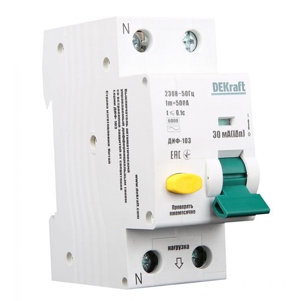 Дифференциальный автомат DEKraft ДИФ-103 электронный C16А 30мА тип АС 1P+N 6кА (дифавтомат, АВДТ)