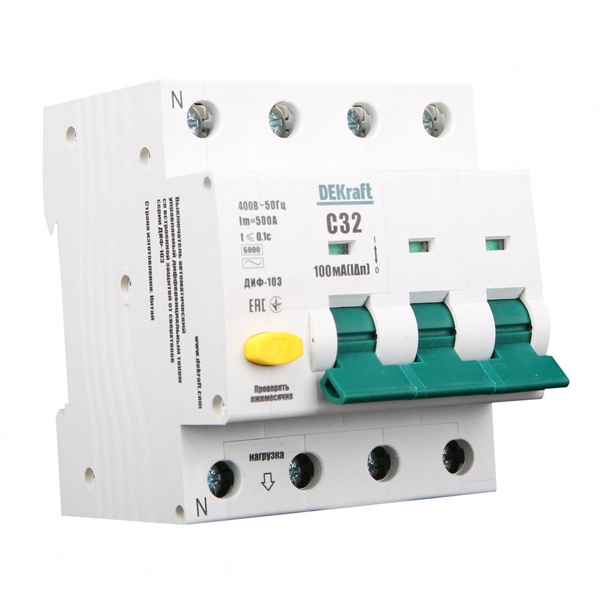 Дифференциальный автомат DEKraft ДИФ-103 электронный C16А 30мА тип АС 3P+N 6кА (дифавтомат, АВДТ)