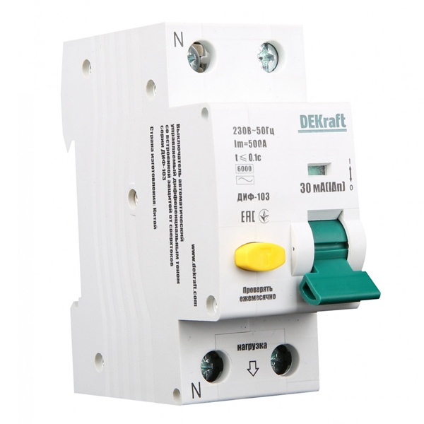 Дифференциальный автомат DEKraft ДИФ-103 электронный C16А 10мА тип А 1P+N 6кА (дифавтомат, АВДТ)