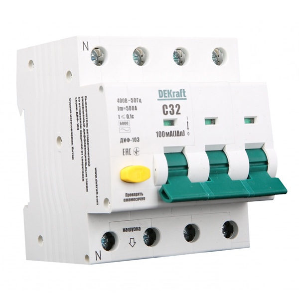 Дифференциальный автомат DEKraft ДИФ-103 электронный C25А 30мА тип А 3P+N 6кА (дифавтомат, АВДТ)