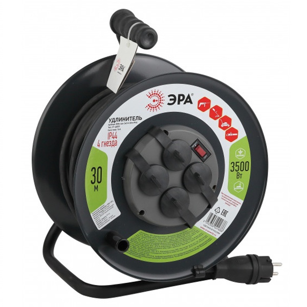 Удлинитель силовой ЭРА RMx-4es-3x2.5-30m-IP44(KG) на металлической катушке c/з 4 гн 30м КГ 3х2.5